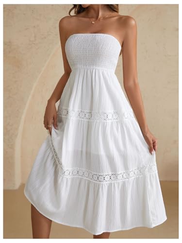 Women's Floral Lace Midi Tube Dress Strapless Shirred A Line Flowy Beach Vacation Dresses