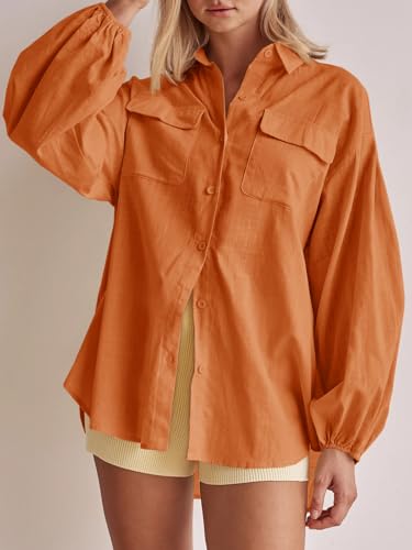 41iaAcH7zrL.jpg Womens Oversized Button Down Shirts Puff Long Sleeve Collared V Neck Cotton Blouses Linen Loose Fit Tops