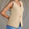 Womens Summer V Neck Vest Tops Button up Sleeveless Casual Waistcoat Business Fitted Blazer vest