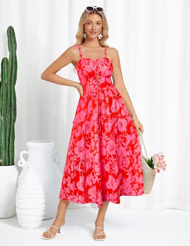 Women's Summer Floral Dress 2025 Spaghetti Strap Smocked Tiered Casual Boho Maxi Long Sundress with Pockets