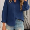 Womens Button Down Shirts Smocked 3/4 Sleeve Blouse Dressy Casual Ruffle Neck Shirred Tops Navy