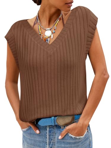 Womens Ribbed Cap Sleeve Tank Tops V Neck Knit Summer Casual Shirts Lightweight Pullover Sweater Vest