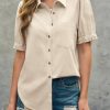 Womens Puff Short Sleeve Button Down Shirts Summer Casual Collared V Neck Blouse Linen Loose Fit Work Tops