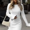Womens Ruffle Long Sleeve Mini Dress Bodycon Boat Neck Ribbed Knit Sweater Dresses Elegant Outfits