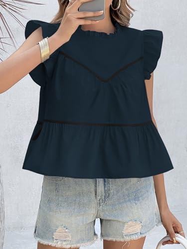 Womens Ruffle Babydoll Tank Tops Summer Cotton Peplum Mock Neck Blouses Trendy Casual Pleated Bow Shirts