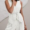 Women's 2 Piece Outfits Sleeveless Tie Waist Suit Vest and Wide Leg Pants Business Casual Blazer Sets
