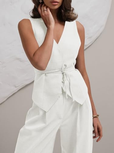 Women's 2 Piece Outfits Sleeveless Tie Waist Suit Vest and Wide Leg Pants Business Casual Blazer Sets