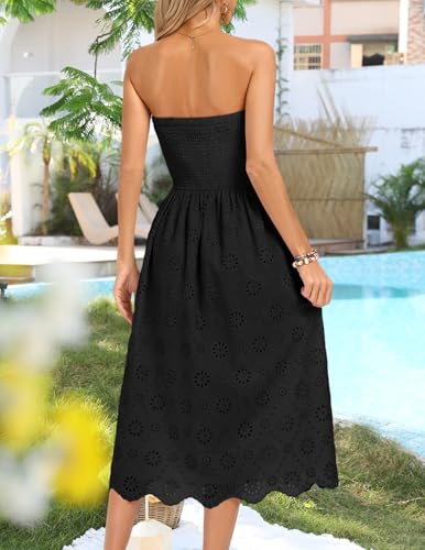 Women's Summer Strapless Dress Off Shoulder Smocked Casual A Line Eyelet Beach Wedding Guest Midi Dress