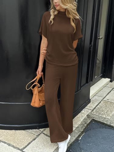 Womens 2 Piece Lounge Sets Casual Batwing Short Sleeve Knit Sweater Loose Wide Leg Pants Travel Outfits