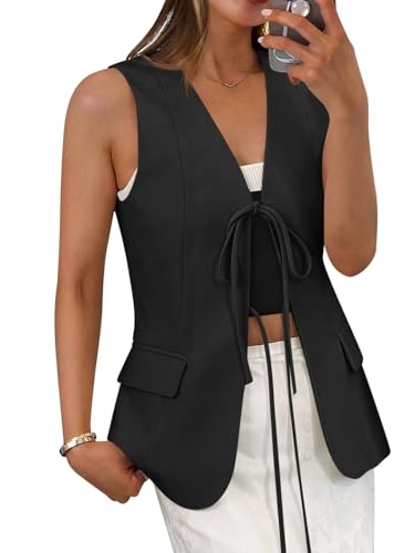 Womens Tie Front Blazer Vest Summer Sleeveless V Neck Tank Top 2025 Casual Business Waistcoat