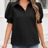 Womens Puff Short Sleeve Polo Shirts Summer V Neck Textured Tops Dressy Casual Loose Fit Blouse