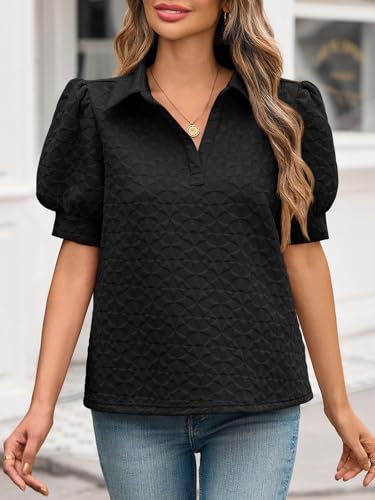 Womens Puff Short Sleeve Polo Shirts Summer V Neck Textured Tops Dressy Casual Loose Fit Blouse