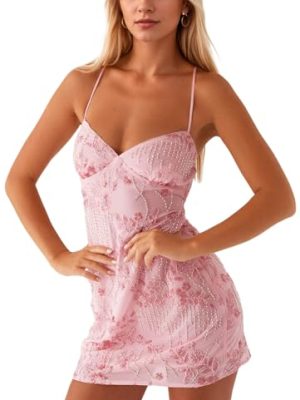Women Sequin Sparkly Rhinestone Mini Dress Sleeveless Backless Deep V Neck Glitter Short Cami Dress Party Clubwear