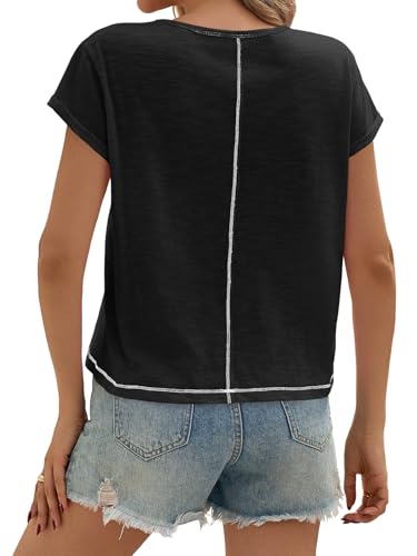 Womens Cropped Scoop Neck Tshirts Summer Cap Short Sleeve Exposed Seam Tops Casual Loose Fit Cotton Tee Shirts