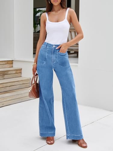 Womens Wide Leg Jeans High Waisted Stretchy Baggy Loose Denim Casual Pants with Pockets