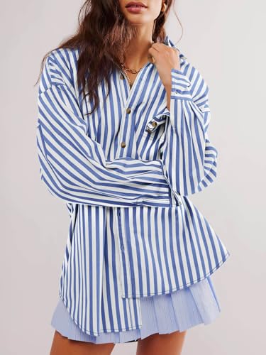 Womens Oversized Striped Button Down Shirts Boyfriend Long Sleeve Collared Work Blouses