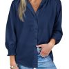 Womens Button Down Shirts Smocked 3/4 Sleeve Blouse Dressy Casual Ruffle Neck Shirred Tops Navy