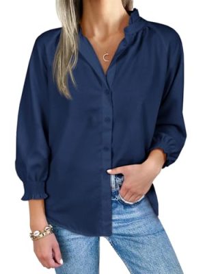 Womens Button Down Shirts Smocked 3/4 Sleeve Blouse Dressy Casual Ruffle Neck Shirred Tops Navy
