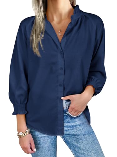 Womens Button Down Shirts Smocked 3/4 Sleeve Blouse Dressy Casual Ruffle Neck Shirred Tops Navy