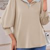 Womens 3/4 Length Puff Sleeve Tops Dressy Casual Ruffle V Neck Blouses Color Block Loose Fit Shirts