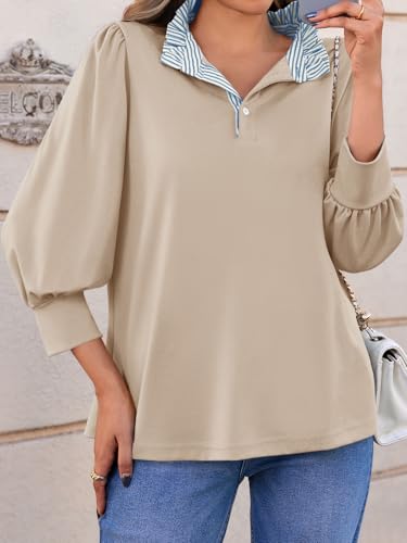 Womens 3/4 Length Puff Sleeve Tops Dressy Casual Ruffle V Neck Blouses Color Block Loose Fit Shirts