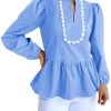 Womens Puff Long Sleeve Peplum Blouses Babydoll V Neck Ruffle Tops Cute Cotton Loose Fit Shirts
