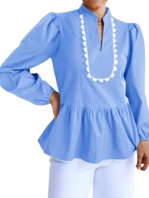 Womens Puff Long Sleeve Peplum Blouses Babydoll V Neck Ruffle Tops Cute Cotton Loose Fit Shirts
