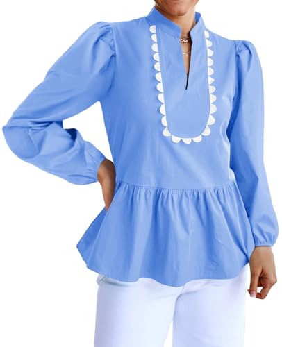 Womens Puff Long Sleeve Peplum Blouses Babydoll V Neck Ruffle Tops Cute Cotton Loose Fit Shirts