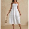 Women's Floral Lace Midi Tube Dress Strapless Shirred A Line Flowy Beach Vacation Dresses
