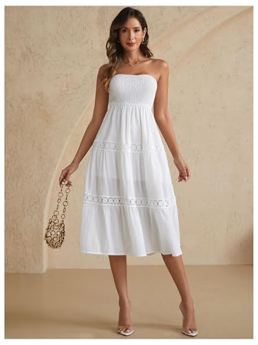Women's Floral Lace Midi Tube Dress Strapless Shirred A Line Flowy Beach Vacation Dresses