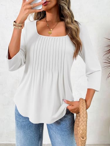 Womens 3/4 Sleeve Tunic Tops Square Neck Pleated Summer Blouses Dressy Casual Loose Fit T Shirts