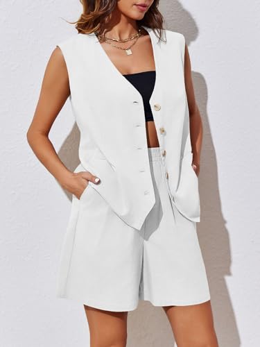 Womens Summer Blazer Vest 2 Piece Sets V Neck Sleeveless Button Down Waistcoat and High Waisted Work Suit Short Set