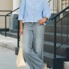 Womens Cropped Button Down Shirts 3/4 Length Sleeve Casual Cotton Blouses Loose Fit Ruffle Hem Tops