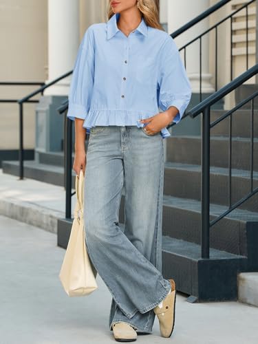Womens Cropped Button Down Shirts 3/4 Length Sleeve Casual Cotton Blouses Loose Fit Ruffle Hem Tops