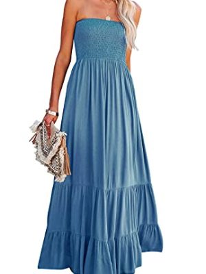 Womens Summer Cotton Strapless Elastic Smocked Boho Beach Casual Flowy Maxi Tube Dresses
