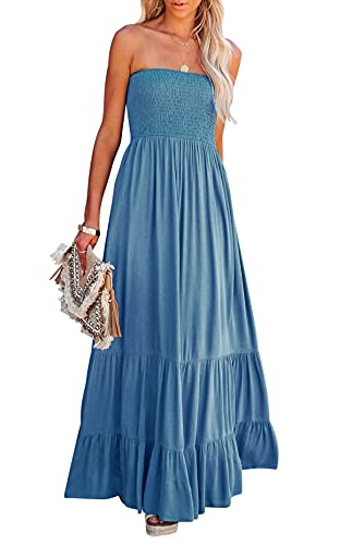 41neFG3k9L.jpg Womens Summer Cotton Strapless Elastic Smocked Boho Beach Casual Flowy Maxi Tube Dresses