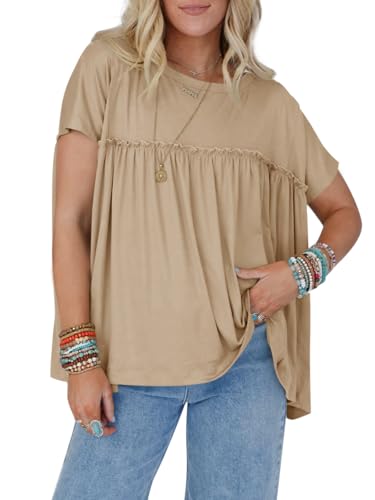 Women Summer Babydoll Tops Pleated Short Sleeve Crew Neck Peplum Blouse Casual Loose Fit T Shirts