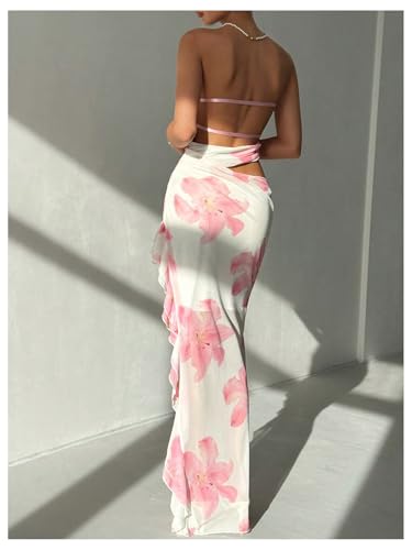 Women's Floral Cut Out Vacation Dress Ruffle Asymmetrical Strapless Sundress Long Dresses