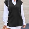 Womens V Neck Sleeveless Sweater Vest Oversized Ribbed Knit Side Slit Pullover Tank Tops