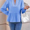 Womens Puff Long Sleeve Peplum Blouses Babydoll V Neck Ruffle Tops Cute Cotton Loose Fit Shirts