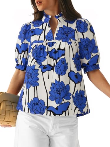 Womens Floral Babydoll Blouse Peplum Puff Sleeve V Neck Tops Casual Pleated Loose Fit Boho Shirts