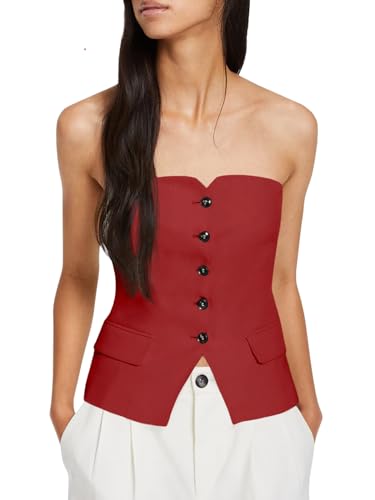 Notched Neck Tube Tops Blazer Sleeveless Button Fitted Strapless Work Blazer Vest