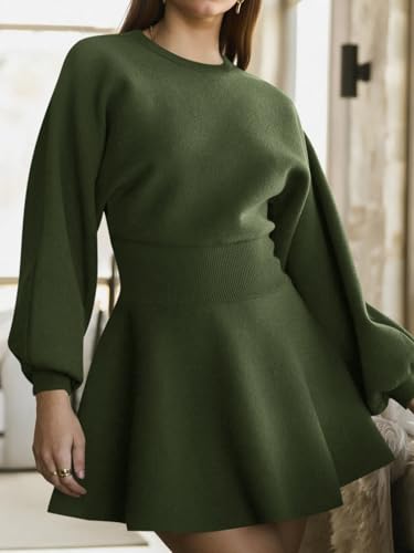 Womens Puff Long Sleeve Sweater Dresses Casual Trendy A-Line Short Mini Dress Fall High Waisted Skater Dress