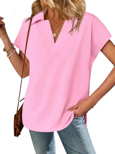 Womens V Neck Polo Shirts Short Sleeve Business Casual Tops Loose Fit Summer Tees