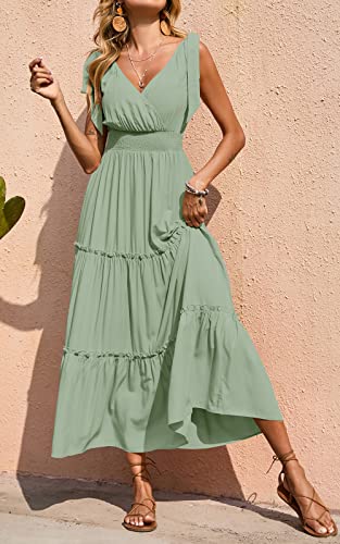Women's Cross Neck Summer Sleeveless Tiered Maxi Dress Beach Tie Strap Smocked Long Dresses Pleated Sundress
