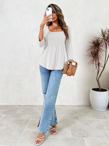 Womens 3/4 Sleeve Tunic Tops Square Neck Pleated Summer Blouses Dressy Casual Loose Fit T Shirts