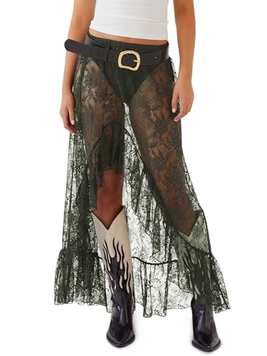 Womens Lace Maxi Skirt Summer High Low Asymmetrical Sheer Y2K Sexy Beach Cover-up Long Skirts