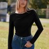 Womens Long Sleeve Pleated Tops Fall Crew Neck Fitted Shirts Y2k Going Out Casual Ruched Blouse