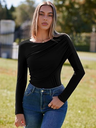 Womens Long Sleeve Pleated Tops Fall Crew Neck Fitted Shirts Y2k Going Out Casual Ruched Blouse