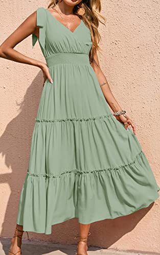 Women's Cross Neck Summer Sleeveless Tiered Maxi Dress Beach Tie Strap Smocked Long Dresses Pleated Sundress